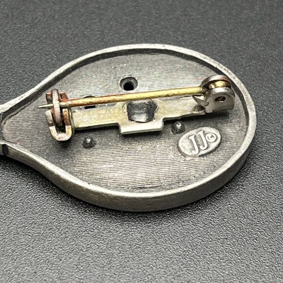 Signed JJ Pewter Tone Tennis Racquet Pin w/ DETACHABLE Tennis Ball Earrings Gift - Picture 5 of 6